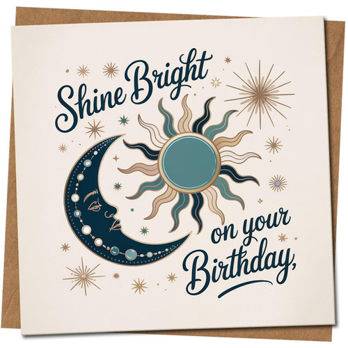 Shine Bright on Your Birthday Card - Celestial Sun and Moon Stars Design - Square 145mm x 145mm Birthday Card, Includes Kraft Envelope