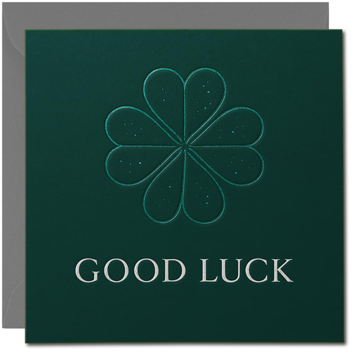 Good Luck Card 145mm x 145mm - Elegant Dark Green Clover Design, Includes Dark Grey Envelope