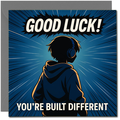 Good Luck Card - You're Built Different Comic Gamer Design, Motivational Support for Exams, New Job or Driving Test - 145mm x 145mm -, Includes Dark Grey Envelope