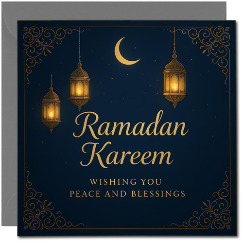 Ramadan Kareem Greeting Card, Lanterns & Crescent Moon, Navy and Gold, Wishing You Peace and Blessings, 145mm x 145mm Square, Includes Dark Grey Envelope