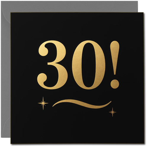 30th Birthday Card - Black and Gold Design - 145mm x 145mm Square - Milestone Age 30 Greeting Card, Includes Dark Grey Envelope