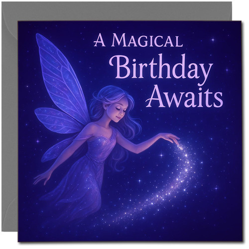 Magical Fairy Birthday Card - A Magical Birthday Awaits - Square 145mm x 145mm - Enchanted Night Sky Design, Includes Dark Grey Envelope