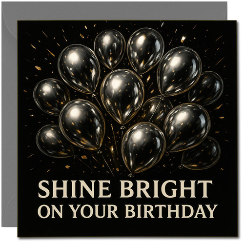 Shine Bright On Your Birthday Card - Black & Gold Balloons, 145mm x 145mm Square, Premium Greeting Card, Includes Dark Grey Envelope