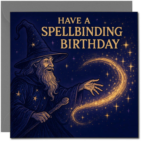 Spellbinding Birthday Card - Wizard Magic Illustration, Square 145mm x 145mm - Fun Whimsical Happy Birthday, Includes Dark Grey Envelope