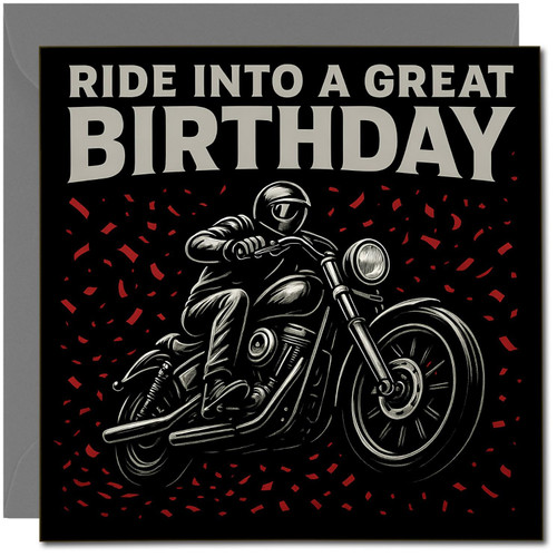Motorbike Birthday Card - Ride Into a Great Birthday - 145mm x 145mm Square Greeting Card - Biker Motorcycle Design -, Includes Dark Grey Envelope