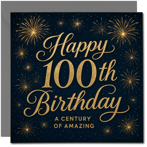 Happy 100th Birthday Card - A Century of Amazing - Elegant Fireworks Design - 145mm x 145mm Square - Milestone 100th Birthday Greeting, Includes Dark Grey Envelope