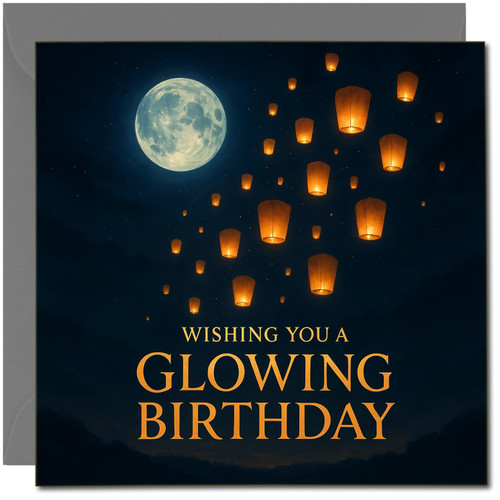 Glowing Birthday Sky Lanterns Card - Wishing You a Glowing Birthday - Moonlit Night Square Greeting Card, 145mm x 145mm, Includes Dark Grey Envelope