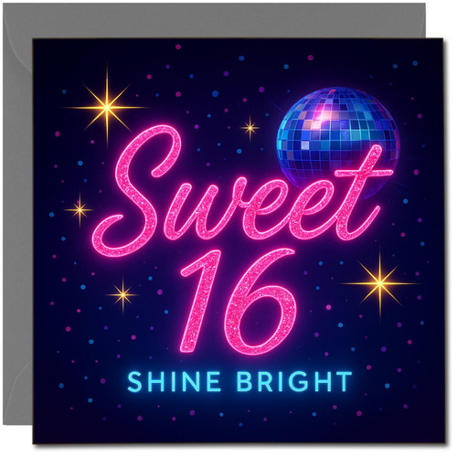 Sweet 16 Birthday Card - Shine Bright Neon Disco Design - Square 145mm x 145mm - 16th Birthday Greeting Card, Includes Dark Grey Envelope