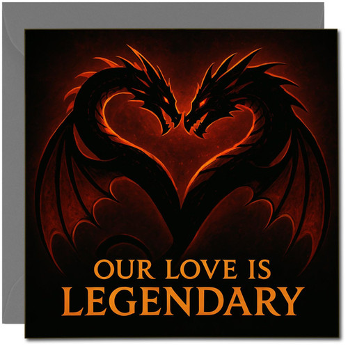Dragon Heart ‘Our Love Is Legendary’ Greeting Card, 145mm x 145mm, Romantic Love/Anniversary Card, Fantasy Red and Black Dragons, Includes Dark Grey Envelope