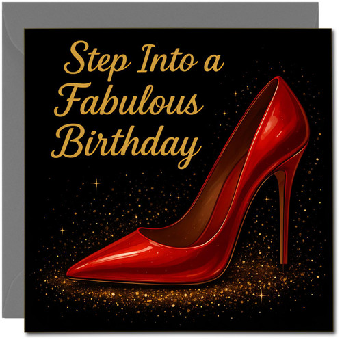 Fabulous Birthday Card for Her, Red Stiletto High Heel Design - Front: Step Into a Fabulous Birthday, 145mm x 145mm Square, Includes Dark Grey Envelope