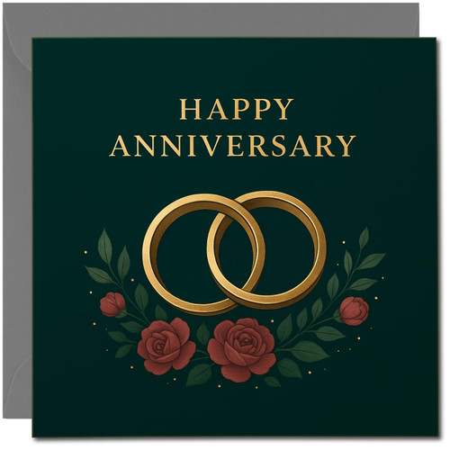 Happy Anniversary Card 145mm x 145mm - Elegant Gold Rings & Red Roses on Dark Green - Square Greeting -, Includes Dark Grey Envelope