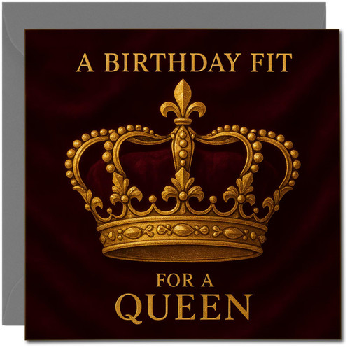 Birthday Card for Her - A Birthday Fit for a Queen - Luxury Gold Crown Design, 145mm x 145mm, Royal Burgundy, Includes Dark Grey Envelope