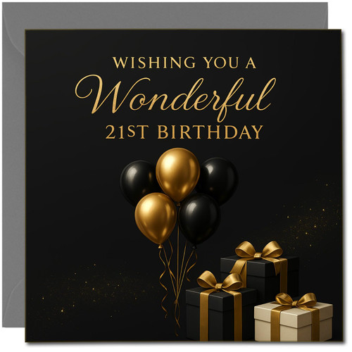 Wishing You a Wonderful 21st Birthday Card - Black & Gold Balloons and Gifts - Square 145mm x 145mm - Luxury Birthday Greeting, Includes Dark Grey Envelope
