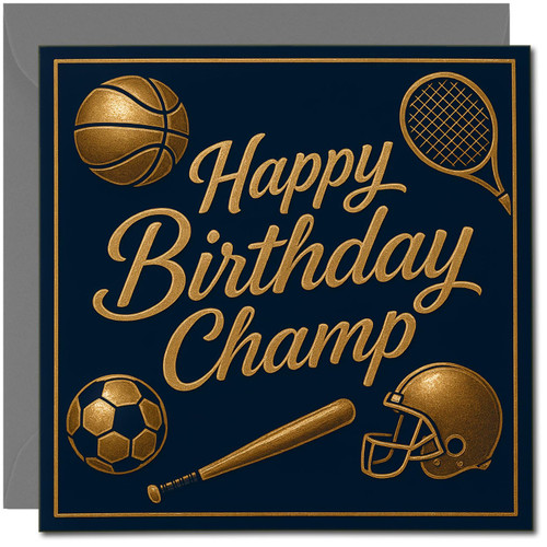 Happy Birthday Champ Sports Themed Greeting Card, 145mm x 145mm, Gold Effect on Navy, Basketball Tennis Football Helmet Baseball Bat and Football Design, Includes Dark Grey Envelope