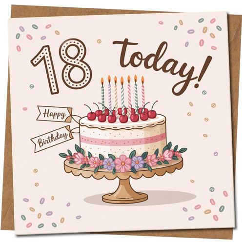 18th Birthday Card - 18 Today Cake and Candles Design - Cute Cherry Cake - Square 145mm x 145mm - For Him or Her, Includes Kraft Envelope