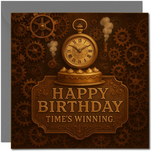Happy Birthday Time's Winning Steampunk Gears Card, Funny Clockwork Birthday Greeting, 145mm x 145mm, Includes Dark Grey Envelope