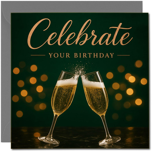 Celebrate Your Birthday Champagne Card - 145mm x 145mm - Elegant Gold Script, Includes Dark Grey Envelope