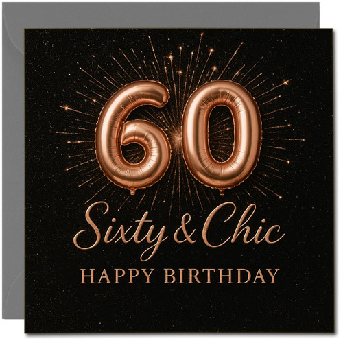 60th Birthday Card - Sixty & Chic Rose Gold Balloon Numbers on Black, 145mm x 145mm Square, Includes Dark Grey Envelope