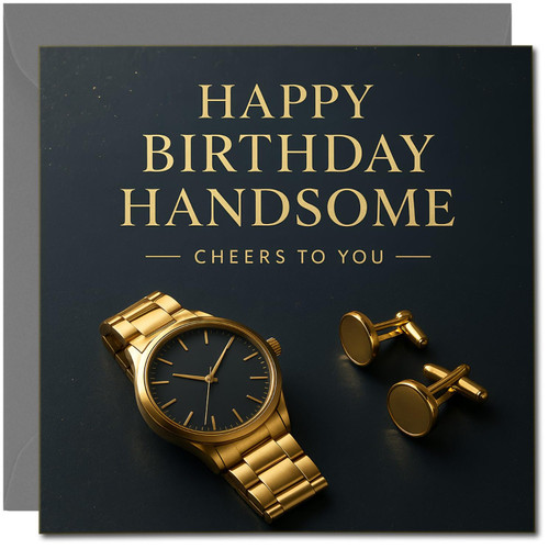 Happy Birthday Handsome Card for Him, Gold Watch and Cufflinks Design, 145mm x 145mm Square Birthday Card, Elegant Men's Greeting Includes Dark Grey Envelope