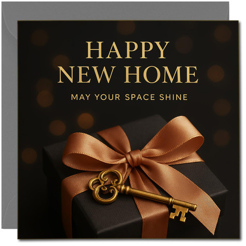 Happy New Home Card - May Your Space Shine - Elegant Black Gift Box - Square 145mm x 145mm, Includes Dark Grey Envelope