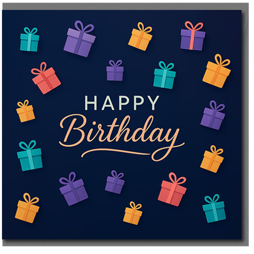 Happy Birthday Card - Colourful Presents Design - Bright Gift Box Pattern on Navy - Modern Typography - For Him, Her, Friends or Family - Birthday Greeting Card
