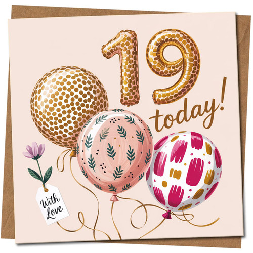 19th Birthday Card - 145mm x 145mm - Balloons Design, '19 Today!' - For Him Her, Includes Kraft Envelope