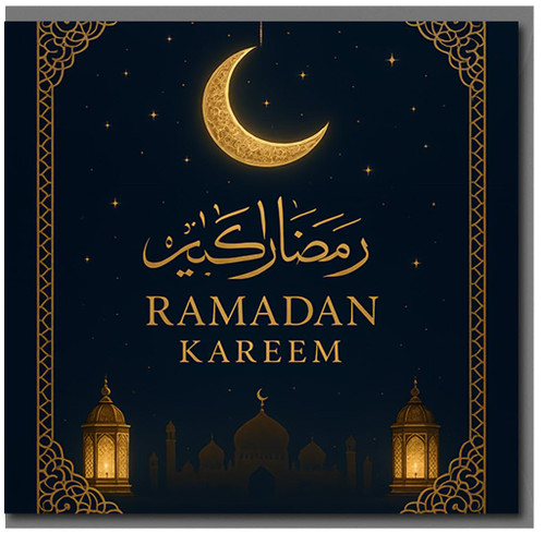 Ramadan Kareem Greeting Card - Elegant Crescent Moon, Lanterns and Mosque Silhouette on Navy - Arabic and English Message - Islamic Card for Family and Friends