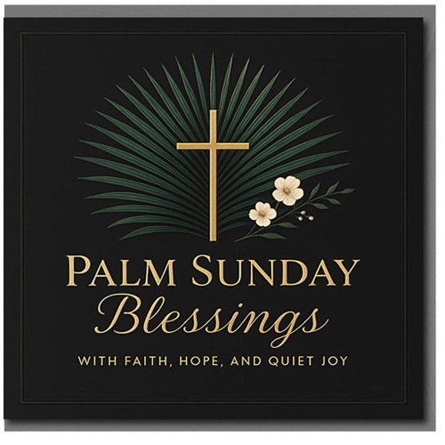 Palm Sunday Blessings Christian Card - Gold Cross with Palm Frond and Floral Detail - Religious Easter Season Greeting - Message: With Faith, Hope, and Quiet Joy