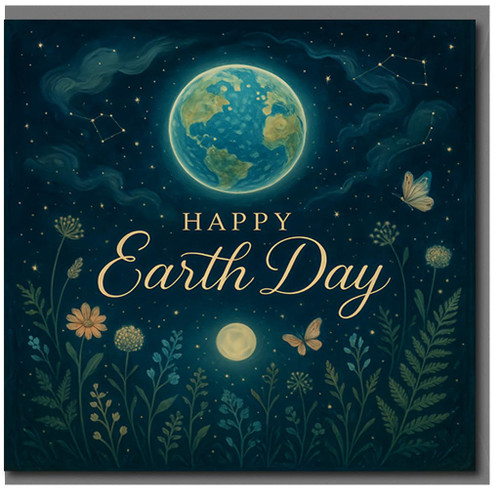 Happy Earth Day Card - Celestial Night Sky with Planet, Constellations, Wildflowers and Butterflies - Nature Celebration Greeting