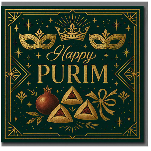 Happy Purim Card - Elegant Dark Green Jewish Holiday Greeting with Crown, Masks, Stars and Hamantaschen