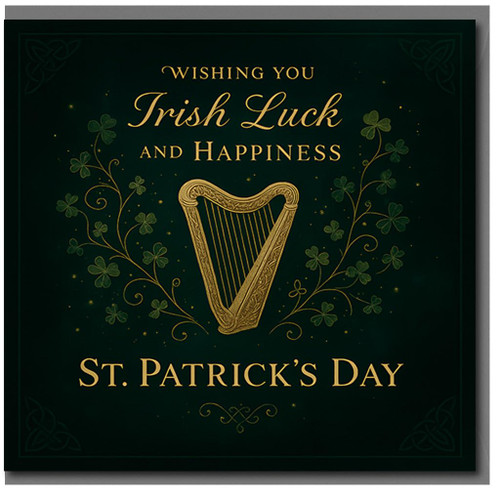 St Patrick's Day Card - Wishing You Irish Luck and Happiness - Elegant Celtic Harp and Shamrock Design - Irish Good Luck Greeting
