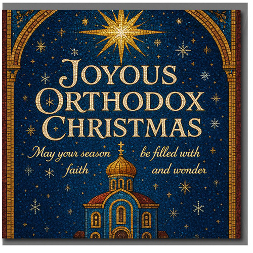 Joyous Orthodox Christmas Card - Mosaic Orthodox Church and Star Design with Faith and Wonder Message