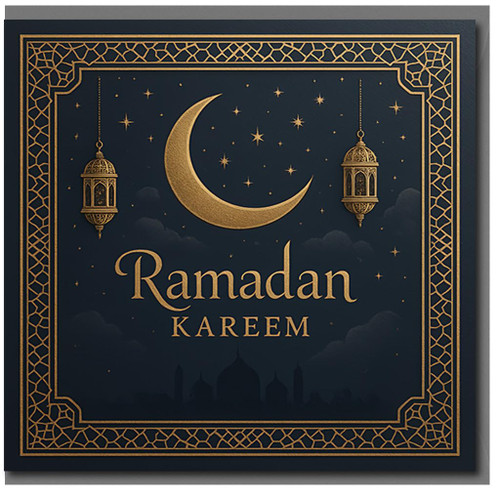 Ramadan Kareem Greeting Card - Elegant Crescent Moon, Lanterns and Starry Night Islamic Design with Geometric Border