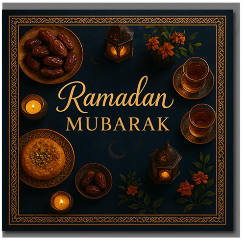 Ramadan Mubarak Greeting Card - Elegant Lanterns, Dates and Tea Design with Crescent Moon Border - Islamic Ramadan Card for Family & Friends