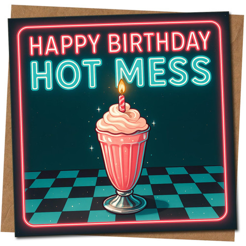 Happy Birthday Hot Mess Neon Diner Milkshake Funny Birthday Card - Retro Design, 145mm x 145mm, Includes Kraft Envelope