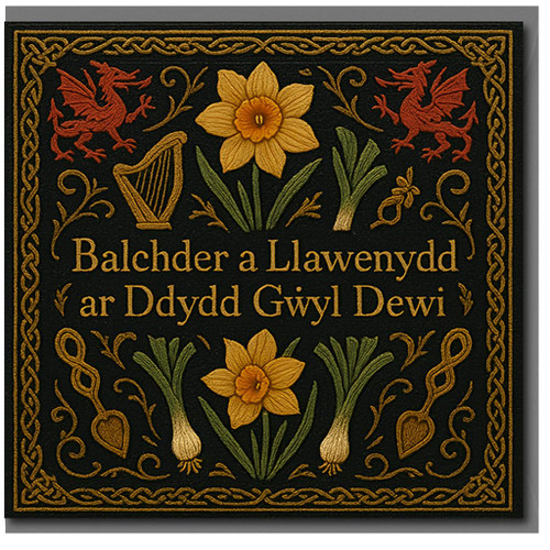 St David’s Day Card Welsh Daffodils, Leeks and Red Dragon Design - Balchder a Llawenydd ar Ddydd Gŵyl Dewi - Celtic Knot Border