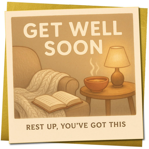 Get Well Soon Card - Cosy Chair, Book and Soup Illustration - 'Rest Up, You've Got This' - Encouragement Recovery Greeting - 145mm x 145mm, Includes Gold Envelope
