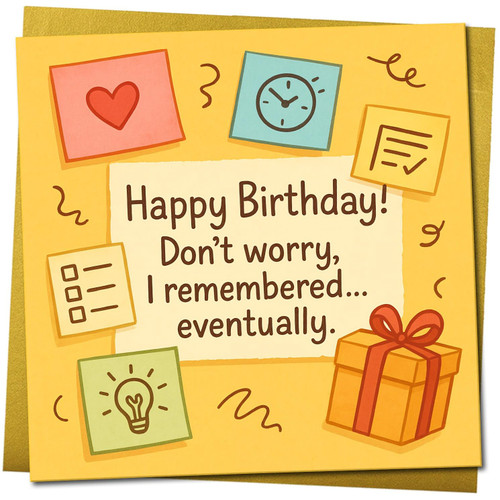 Funny Birthday Card, Happy Birthday! Don’t worry, I remembered... eventually, 145mm x 145mm, Humour Greeting for Friends, Family & Colleagues, Includes Gold Envelope