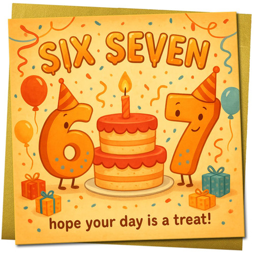 67th Birthday Card - Cute Six Seven Cake and Balloons Illustration, Confetti, Square 145mm x 145mm - Fun Celebration Card for Anyone, Includes Gold Envelope