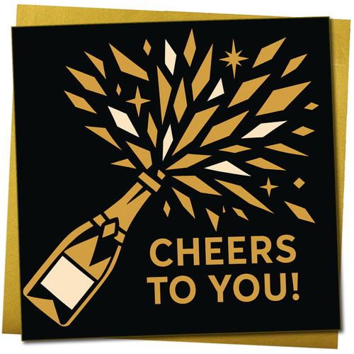 Cheers To You Champagne Celebration Greeting Card, Black & Gold, Square 145mm x 145mm - Congratulations, Birthday or Celebration -, Includes Gold Envelope