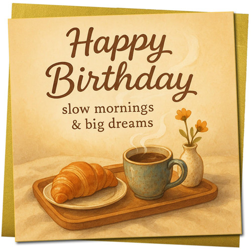 Happy Birthday Card - Slow Mornings & Big Dreams, Coffee & Croissant Illustration - 145mm x 145mm Square Greeting Card, Includes Gold Envelope