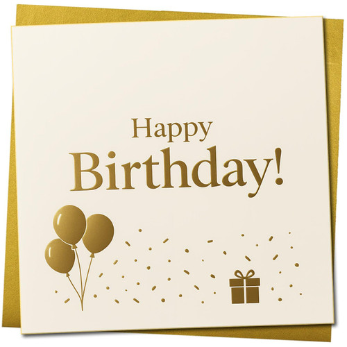 Happy Birthday Card - Gold Balloons, Confetti & Gift Icon - 145mm x 145mm Square - Elegant Birthday Greeting Card, Includes Gold Envelope