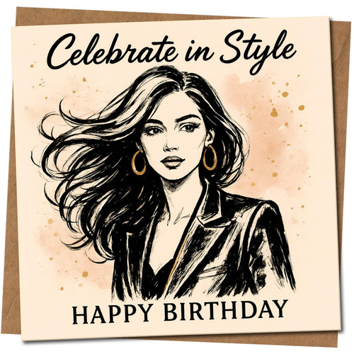 Celebrate in Style Birthday Card for Her - Chic Fashion Illustration, 145mm x 145mm Square - Happy Birthday Card, Includes Kraft Envelope