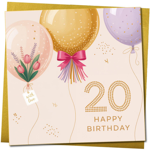 20th Birthday Card - Elegant Balloons and Flowers Design, 145mm x 145mm Square, Includes Gold Envelope