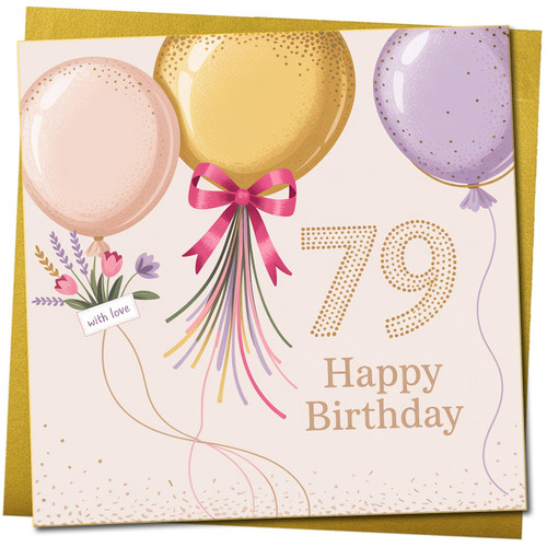 79th Birthday Card - Balloons & Bow Design -, 145mm x 145mm Square, Includes Gold Envelope