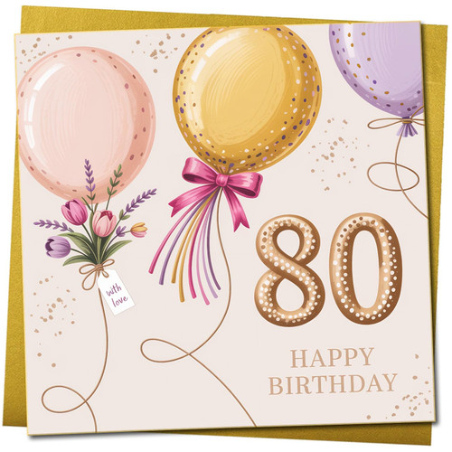 80th Birthday Card, Elegant Balloons & Confetti Design, Square 145mm x 145mm, Happy 80 Birthday Card for Him or Her, Includes Gold Envelope