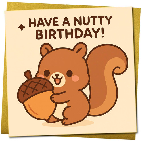 Have a Nutty Birthday Card - Cute Squirrel with Acorn Pun - Funny Animal Birthday Greeting, 145mm x 145mm, Includes Gold Envelope