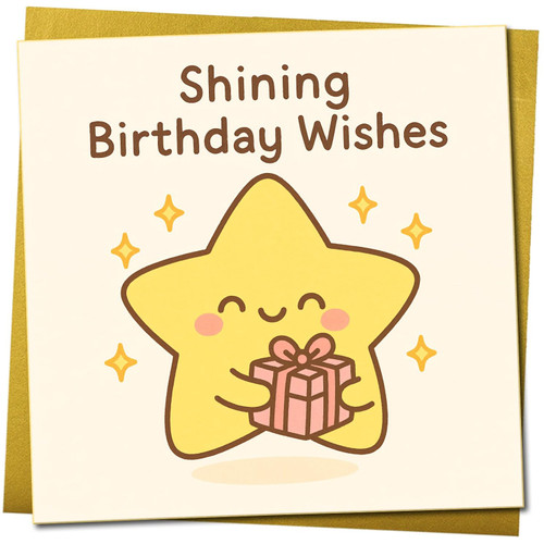 Shining Birthday Wishes Cute Star Birthday Card - 145mm x 145mm Square - Kawaii Star, Includes Gold Envelope