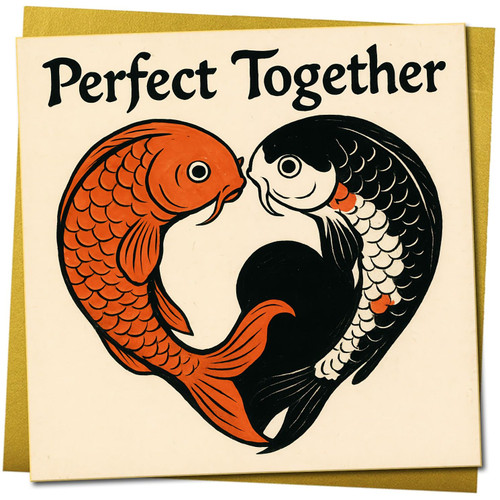 Perfect Together Koi Fish Heart Love Anniversary Card - 145mm x 145mm Square - Romantic Card for Partner or Couple, Includes Gold Envelope