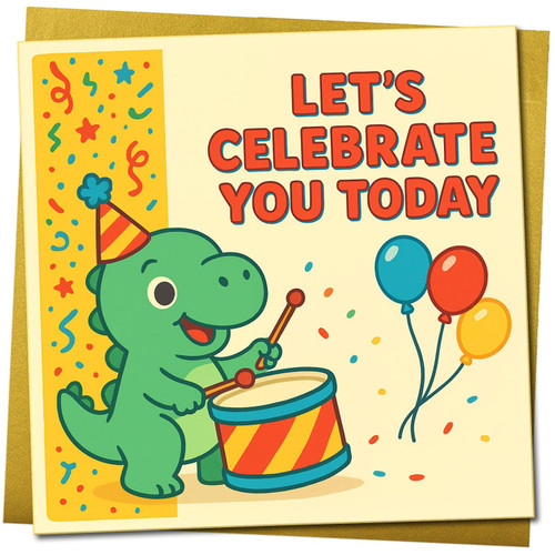 Kids Birthday Card - Cute Dinosaur Drumming, 145mm x 145mm Square, Includes Gold Envelope